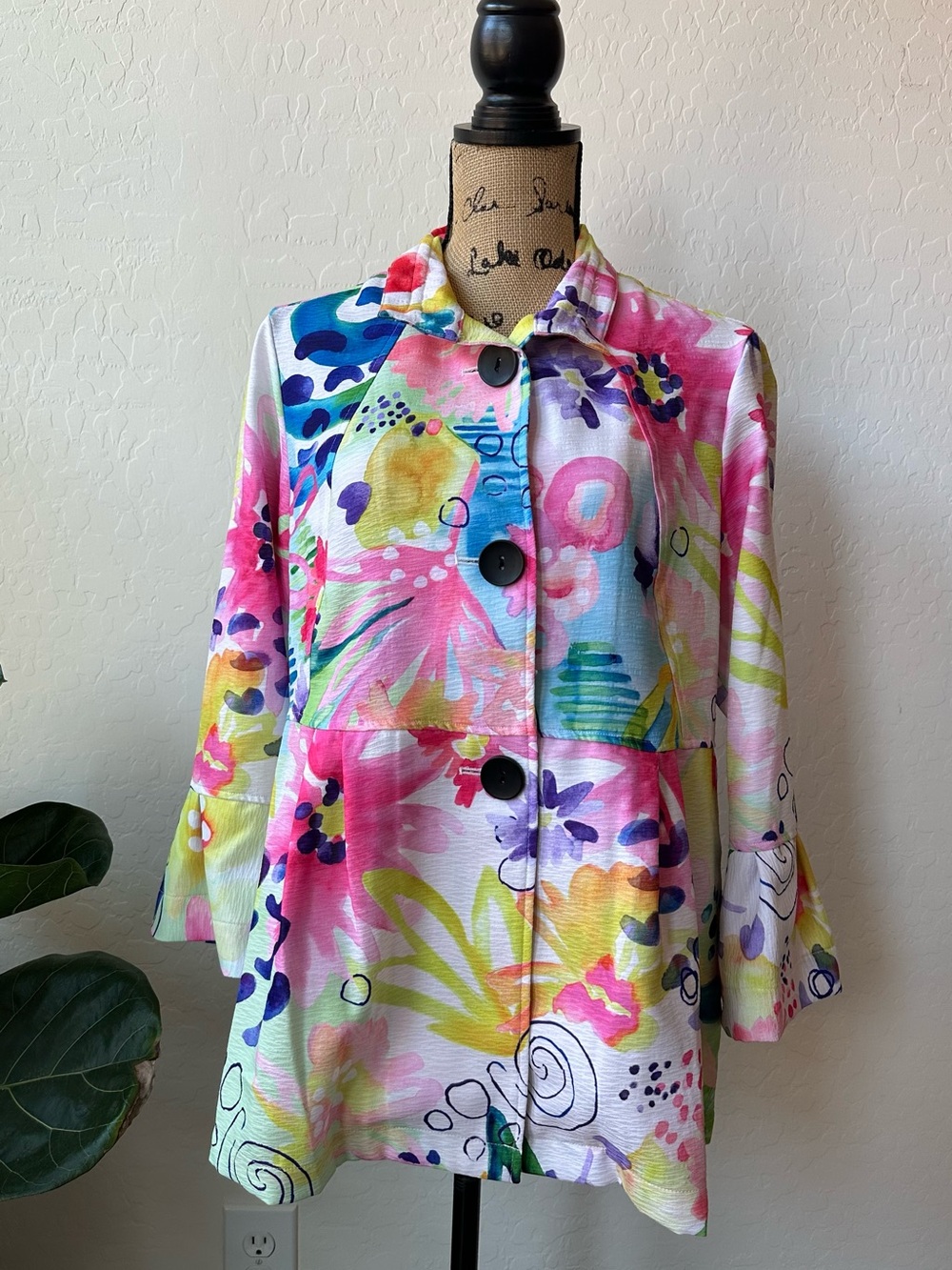 Ali Miles NWT Woven Button Front Jacket Wire Neck 3/4 Sleeve Multi Color Size S